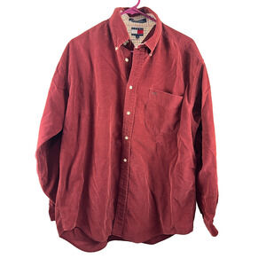 Vintage 90s Tommy Hilfiger Corduroy Mens Large Crest Cotton Button Down Burgundy